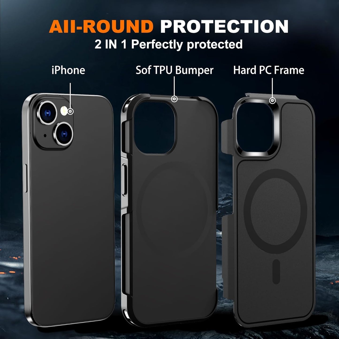 Magnetic Case for Iphone 15,14 & 13 6.1'',[Compatible with Magsafe][Heavy Duty Shockproof] [Military Grade Drop Protection][Non-Slip] Rugged Durable 2-Layer Hard Bumper Phone Cover-Matte Black