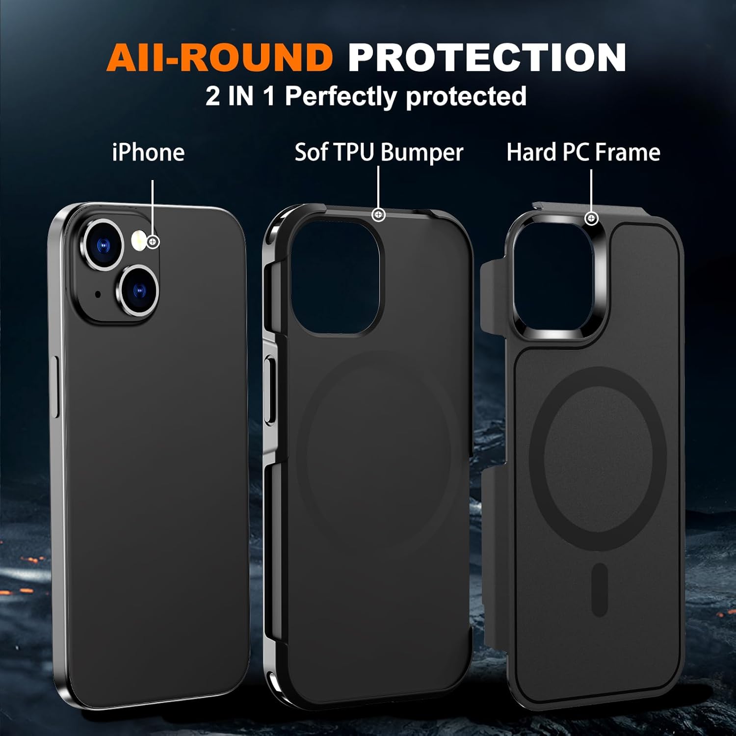 Magnetic Case for Iphone 15,14 & 13 6.1'',[Compatible with Magsafe][Heavy Duty Shockproof] [Military Grade Drop Protection][Non-Slip] Rugged Durable 2-Layer Hard Bumper Phone Cover-Matte Black