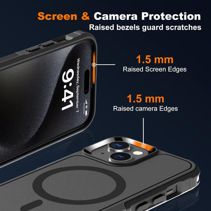 Magnetic Case for Iphone 15,14 & 13 6.1'',[Compatible with Magsafe][Heavy Duty Shockproof] [Military Grade Drop Protection][Non-Slip] Rugged Durable 2-Layer Hard Bumper Phone Cover-Matte Black